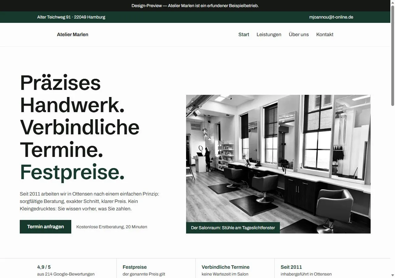 Startseite des Beispiels „Atelier Marlen, sachlich“