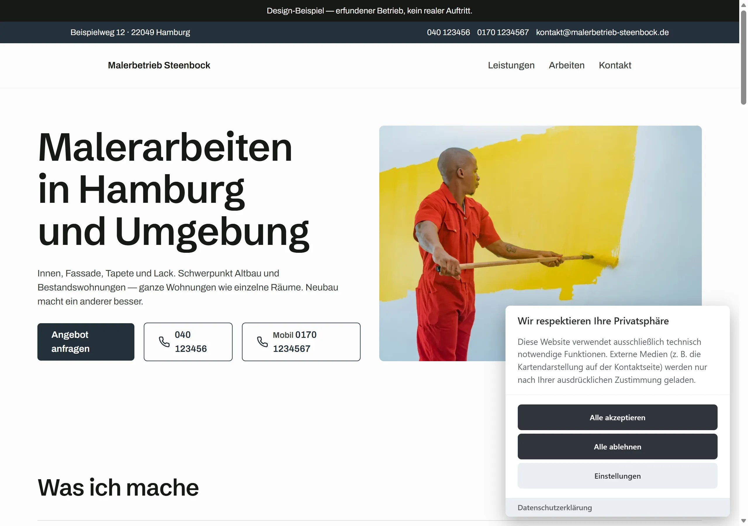 Startseite des Beispiels „Malerbetrieb Steenbock“