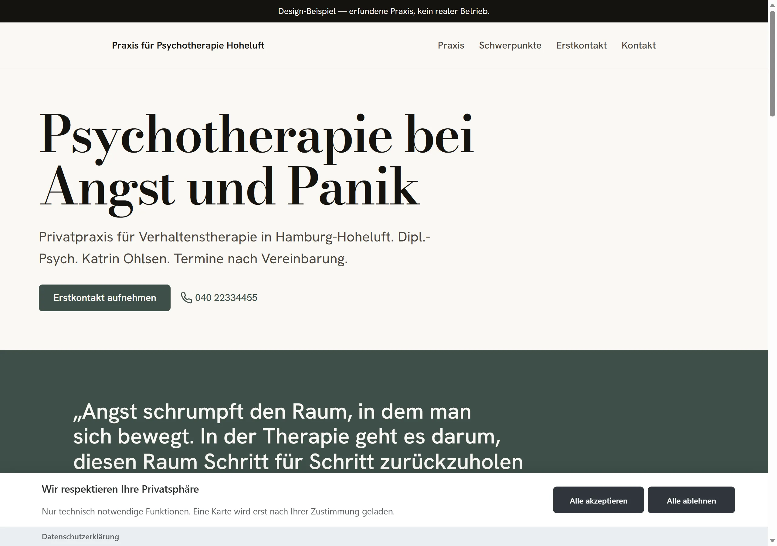 Startseite des Beispiels „Psychotherapiepraxis — ruhig“